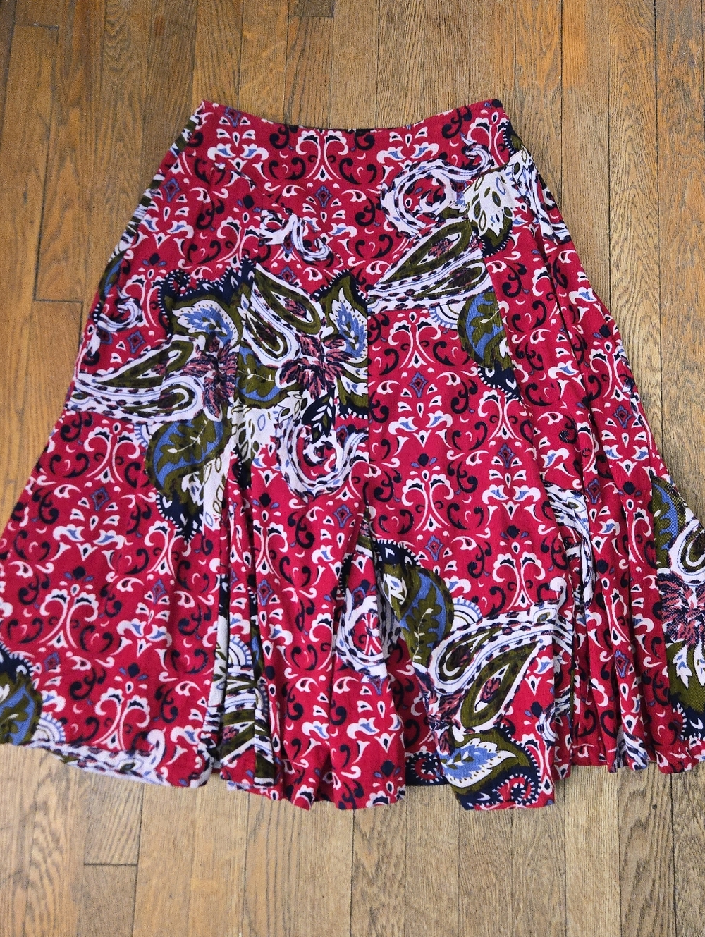 J Peterman | Red paisley printed corduroy skirt with basque waist, gored, flared